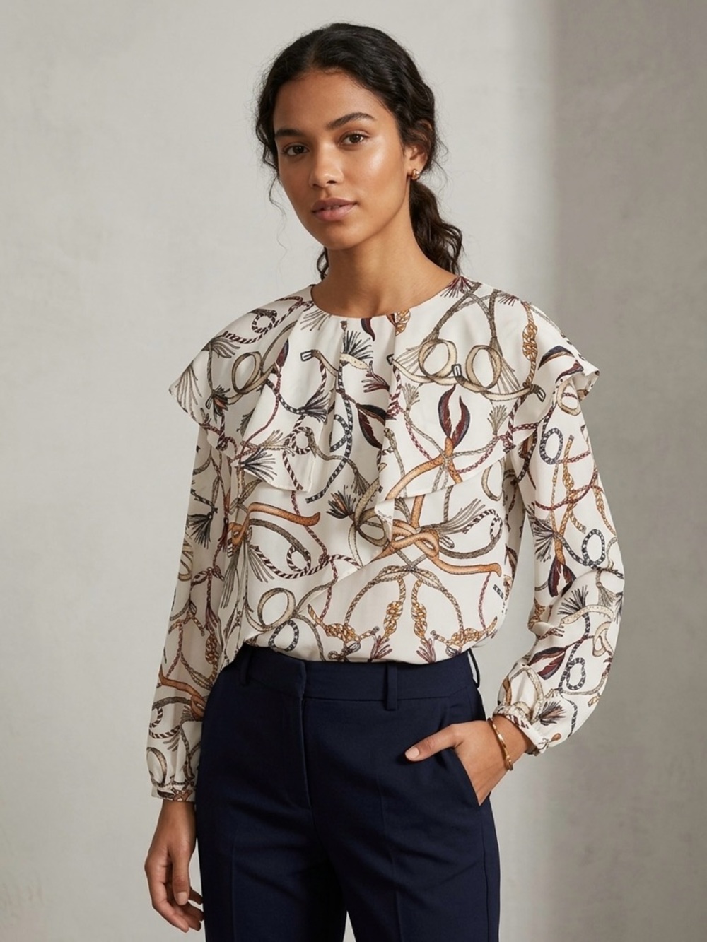 Zara Printed Ruffle Blouse Size Small Boho Rope Chain Print Flowy Top Nautical
